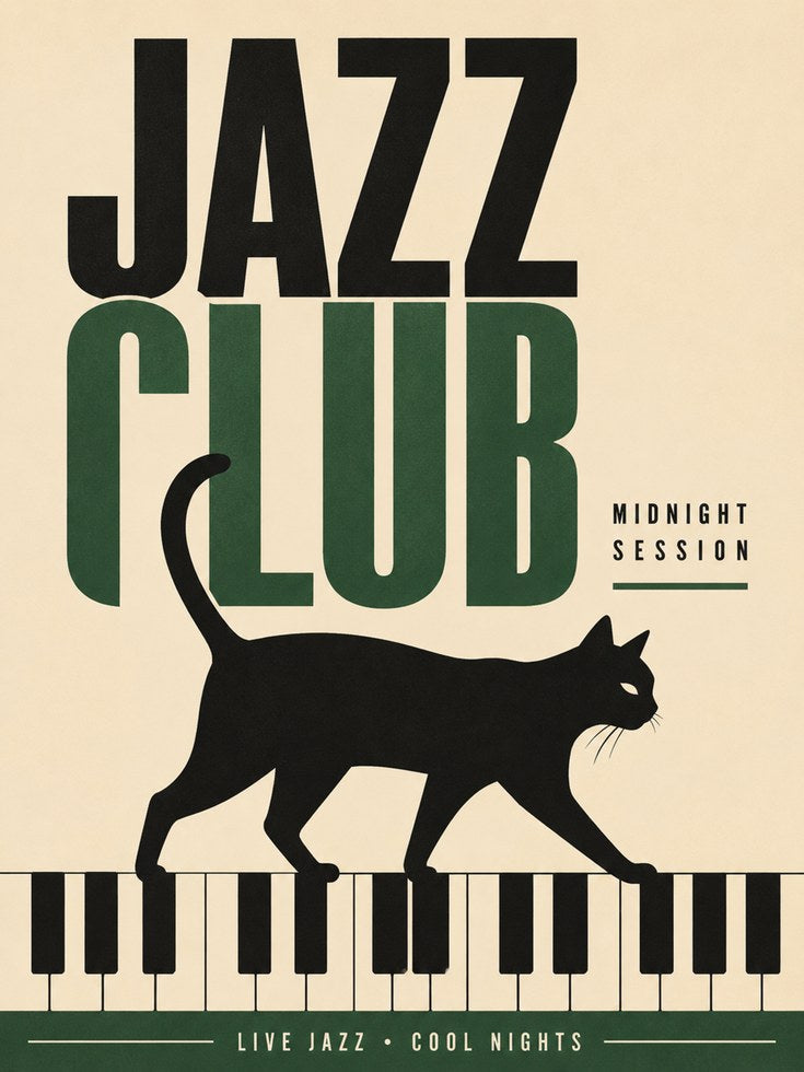 Jazz Club Cat Print: Vintage Mid-Century Piano Wall Art - artwork on paper