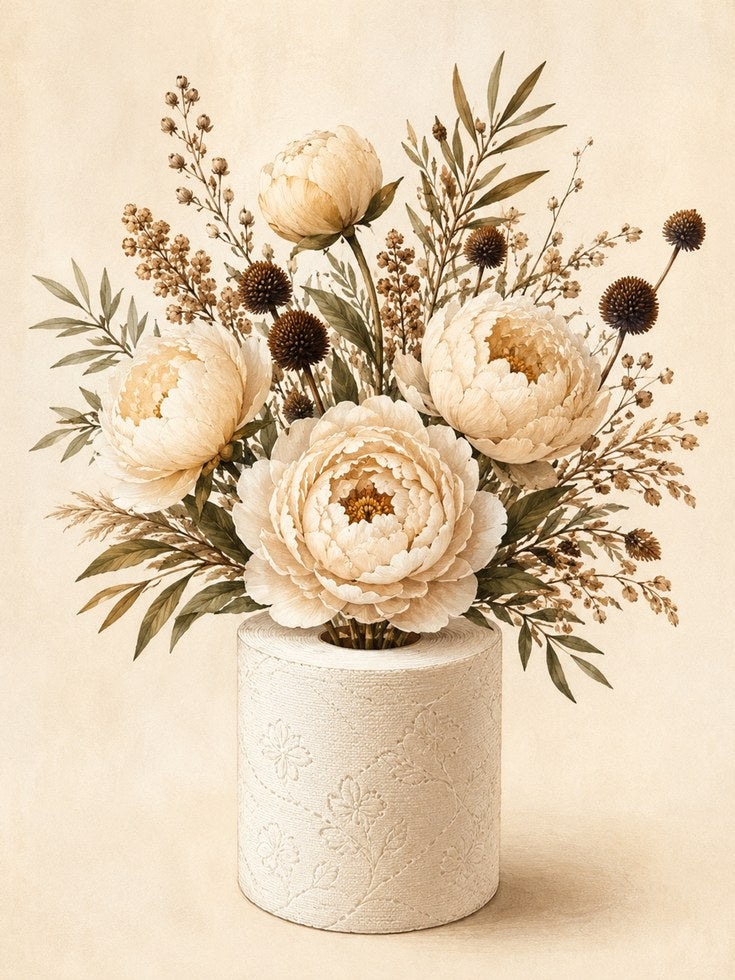 Neutral Peony Bouquet Art Print: Vintage Botanical Wall Art - artwork on paper