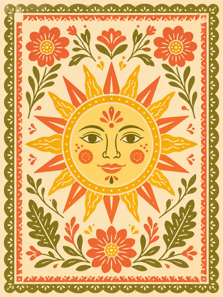 Folk Art Sun Print – Floral Wall Art - artwork on paper