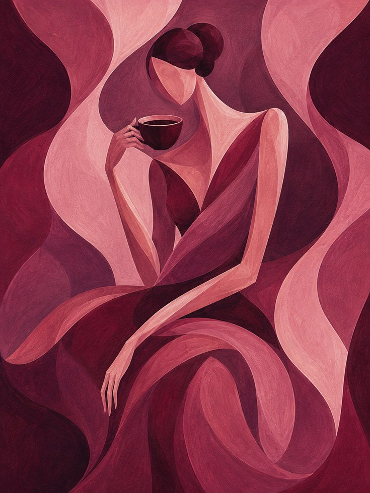 Cubist Woman With Coffee Cup Art Print: Pink Burgundy Abstract - artwork on paper
