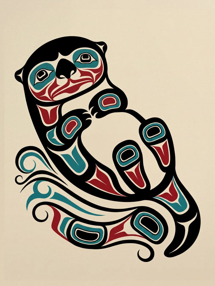 Otter Art Print: Pacific Northwest Coast Formline (Teal and Red) - artwork on paper