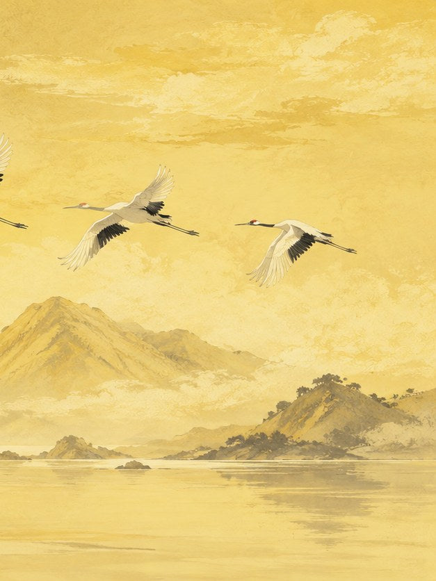Japanese Cranes in Flight: Golden Landscape Wall Art - artwork on paper