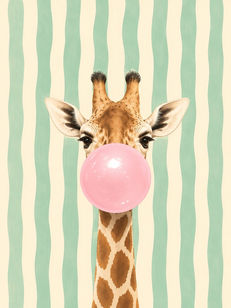 Giraffe Blowing Bubblegum Print: Whimsical Animal Wall Art - artwork on paper