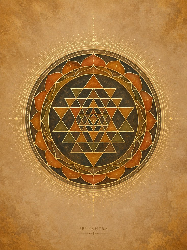 Sri Yantra Mandala: Sacred Geometry Art Print (Gold and Orange) - artwork on paper