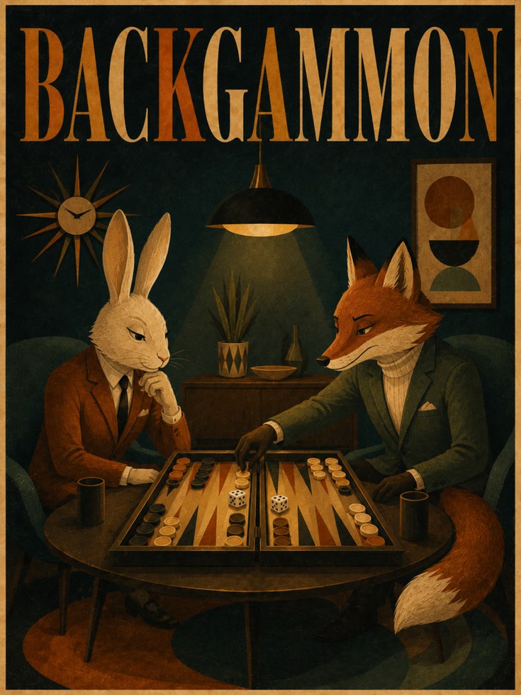 Backgammon Art Print: Mid-Century Fox and Rabbit Game Room Poster - artwork on paper
