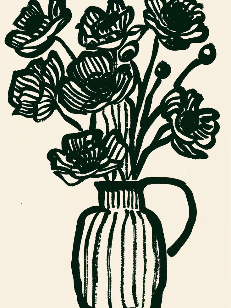 Botanical Wall Art Print: Black Flowers in Striped Vase - artwork on paper