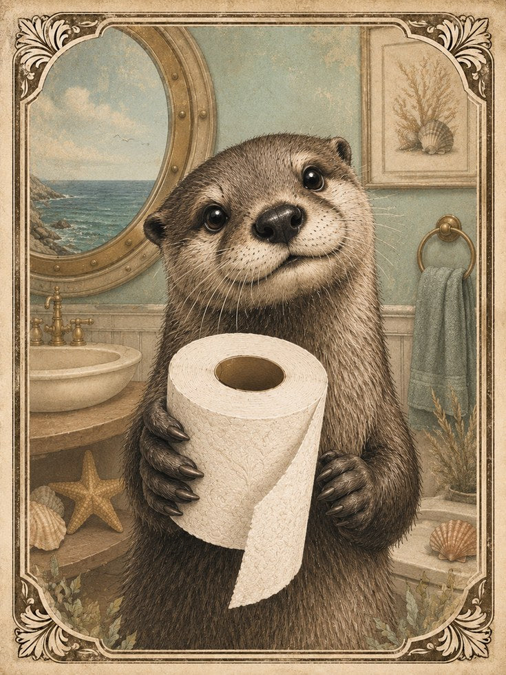 Vintage Otter Bathroom Print - artwork on paper