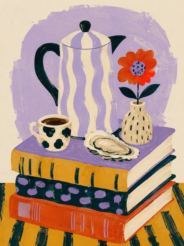 Coffee and Books Wall Art – Still Life Print - artwork on paper