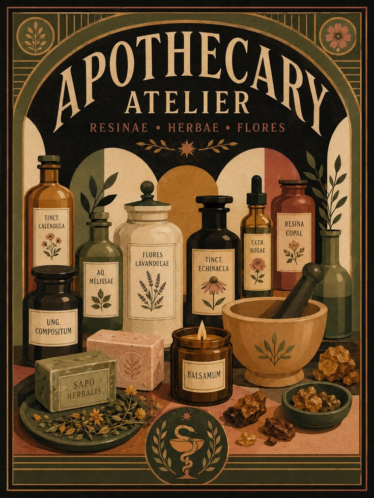 Apothecary Atelier Poster: Vintage Botanical Art Deco Print - artwork on paper