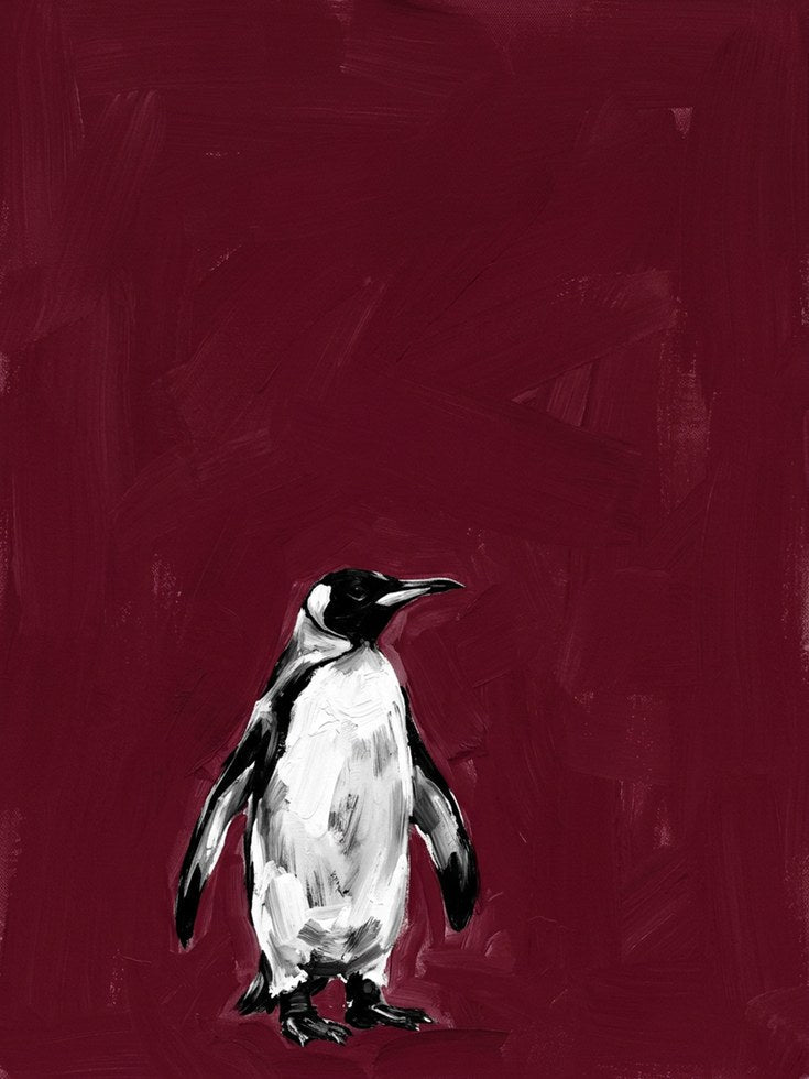 Penguin Portrait on Deep Red: Contemporary Wildlife Art Print - artwork on paper