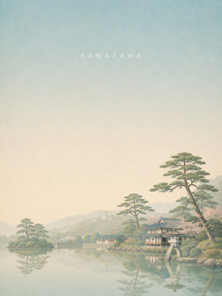 Kanazawa Japan Travel Poster: Serene Lake Landscape Wall Art - artwork on paper