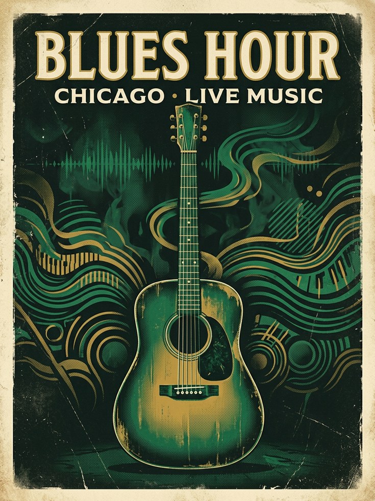 Blues Hour Chicago Print — Vintage Guitar Poster - artwork on paper