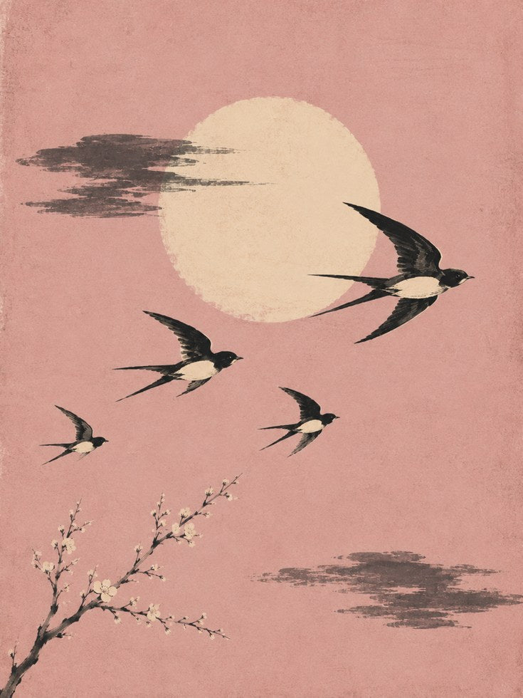 Cherry Blossom and Moon Swallow Print - artwork on paper