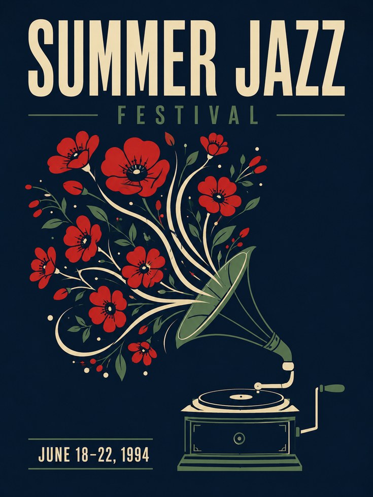 Summer Jazz Festival Poster: Vintage Gramophone with Red Poppies - artwork on paper