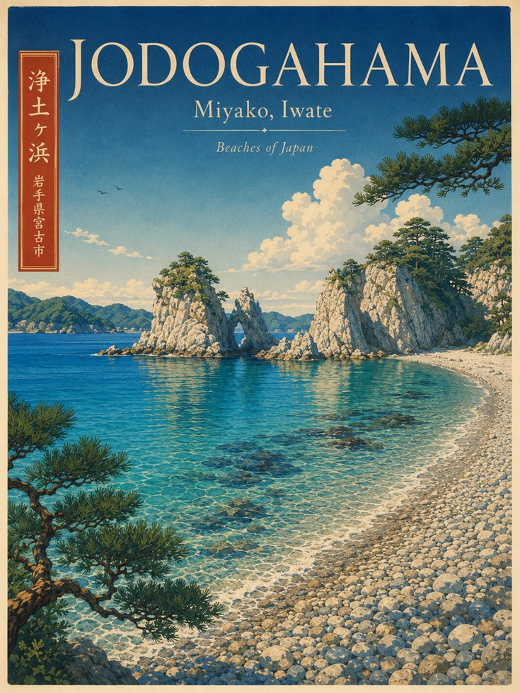 Jodogahama Beach Travel Poster - artwork on paper