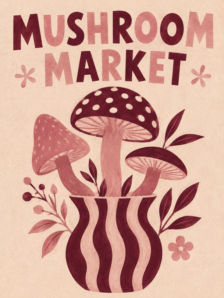 Mushroom Market Poster: Retro Folk Art Botanical Design - artwork on paper