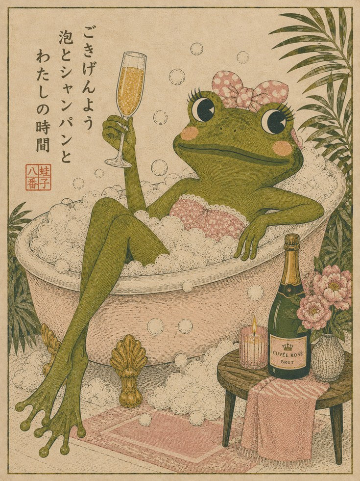 Frog in Champagne Bath Print: Japanese Woodblock Style Art - artwork on paper