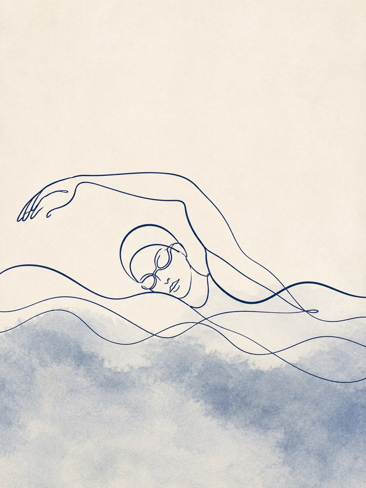 Flowing Figure Line Art Print: Minimalist Blue Watercolor Abstract - artwork on paper