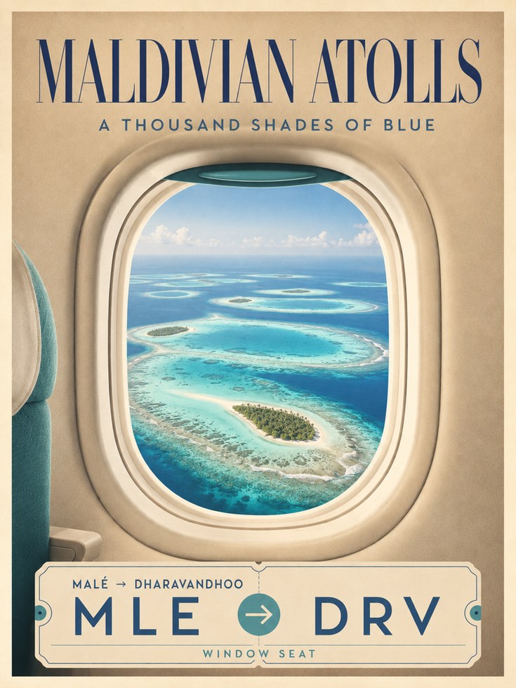 Maldives Travel Poster – Airplane Window Wall Art - artwork on paper