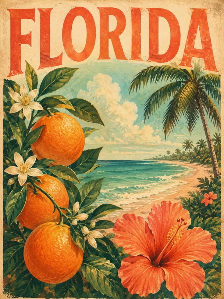 Florida Oranges Travel Poster: Vintage Tropical Beach Art Print - artwork on paper