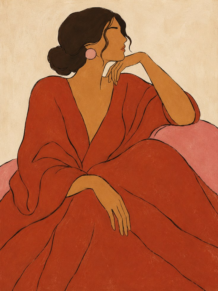Art Deco Woman in Red: Minimalist Line Art Poster - artwork on paper