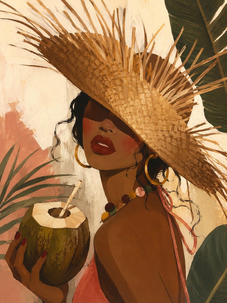 Tropical Woman With Straw Hat Art Print: Warm Earth Tones - artwork on paper