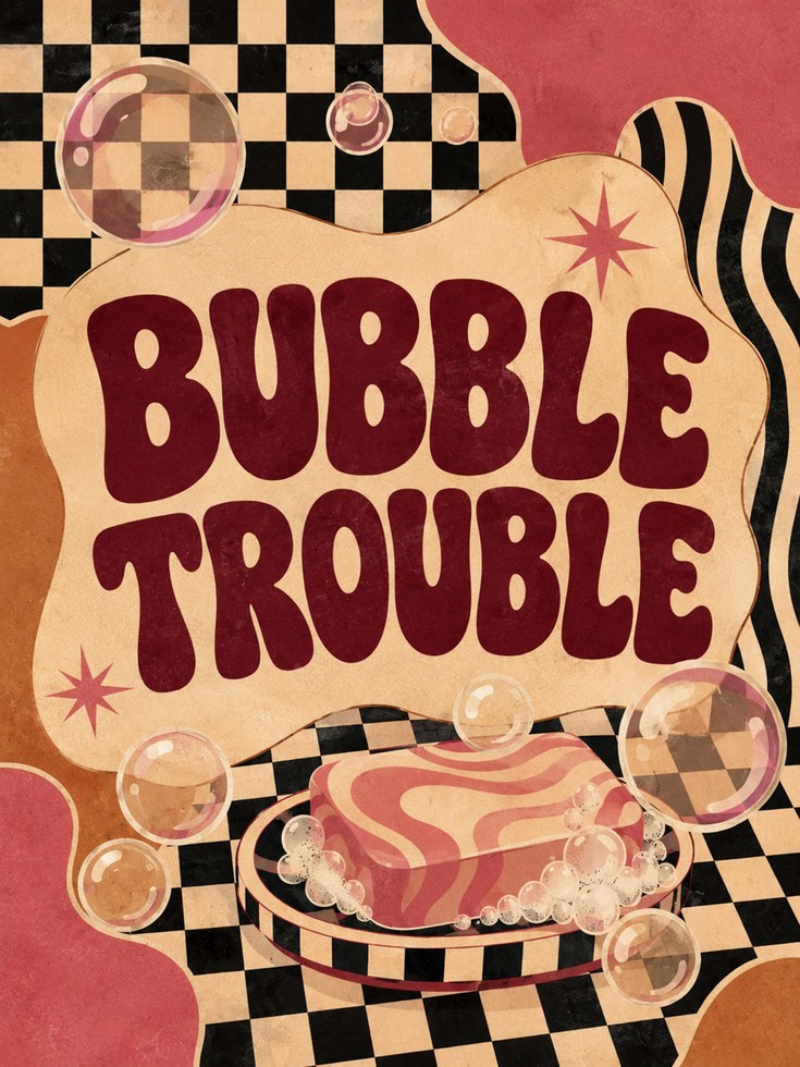 Bubble Trouble Retro Poster: Mid-Century Checkered Wall Art - artwork on paper