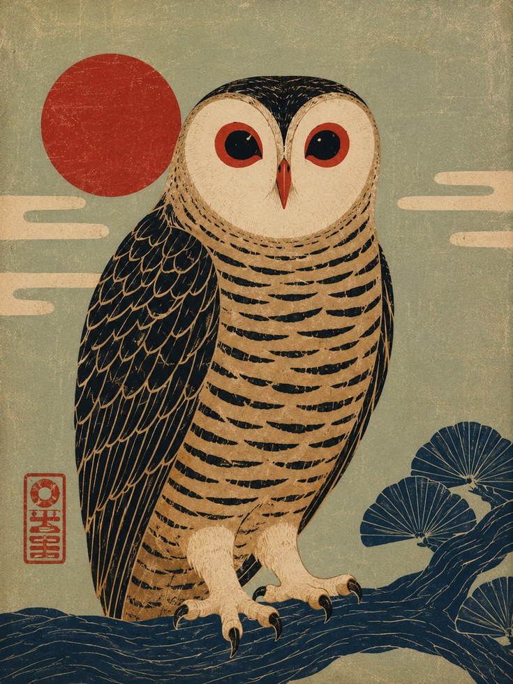 Owl Wall Art Print: Japanese Vintage Woodblock - artwork on paper