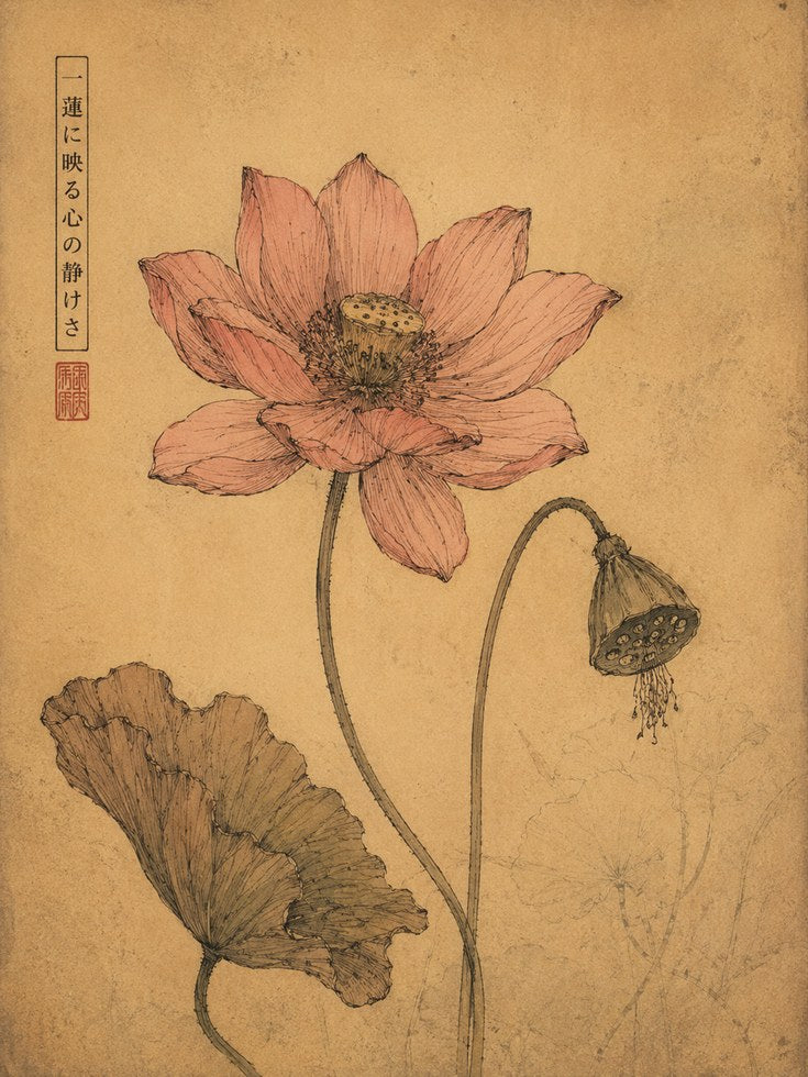 Lotus Flower Japanese Print — Vintage Botanical Illustration - artwork on paper