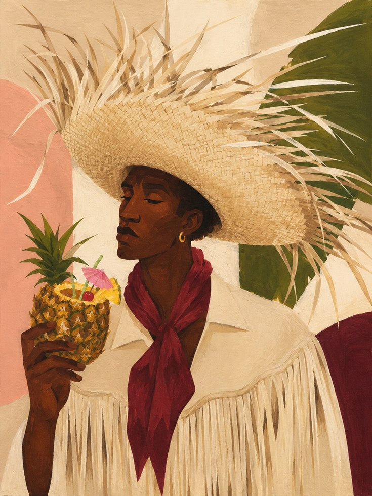 Tropical Paradise Portrait: Woman with Pineapple Cocktail Art Print - artwork on paper