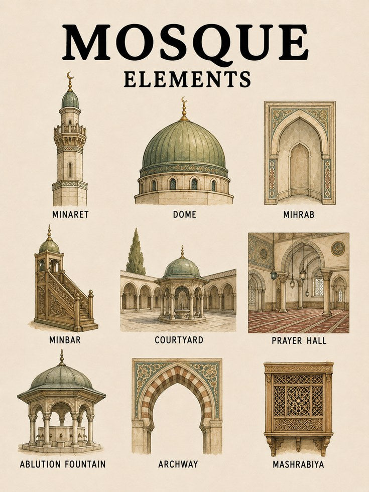 Islamic Architecture Print: Mosque Elements Educational Chart - artwork on paper