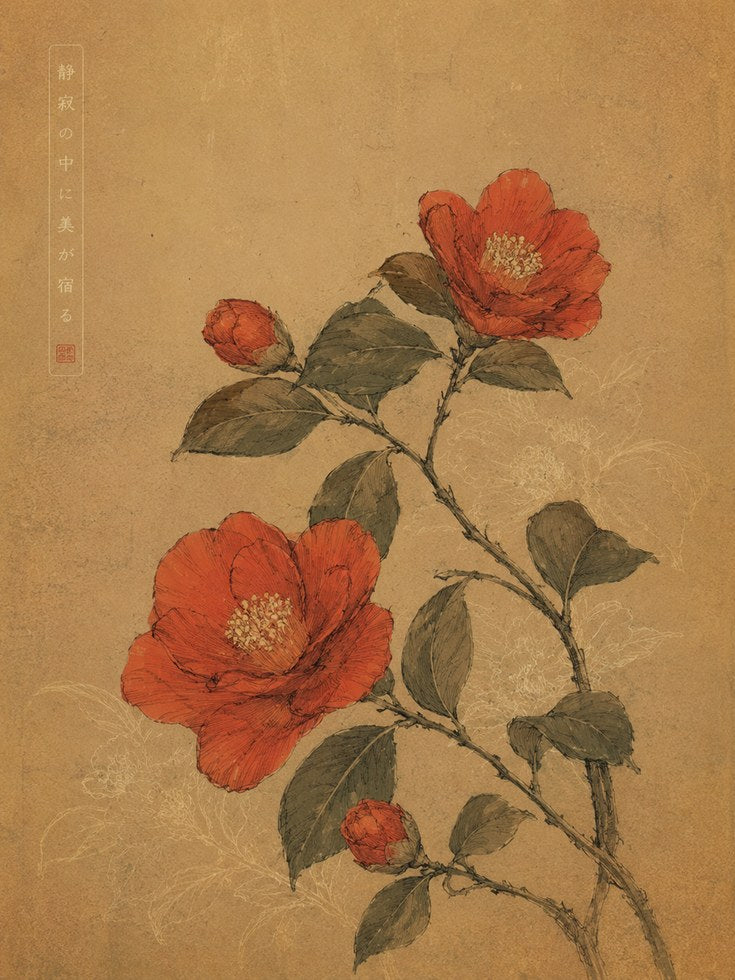 Vintage Botanical Print — Red Floral Branch with Asian Calligraphy - artwork on paper