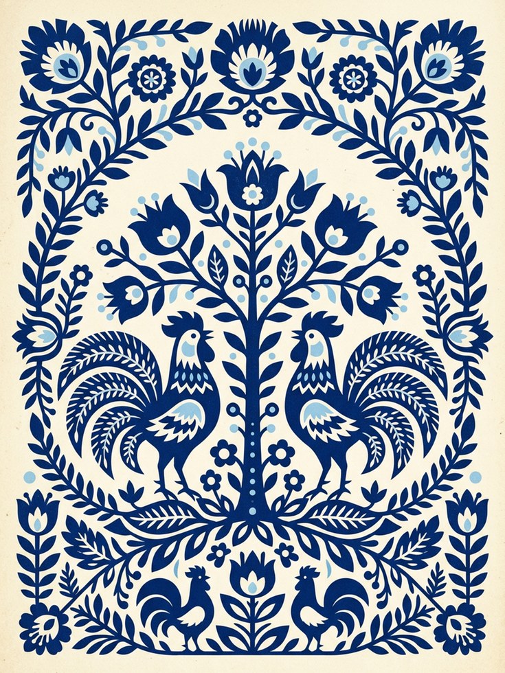 Folk Art Rooster Print — Scandinavian Blue Floral Symmetry - artwork on paper