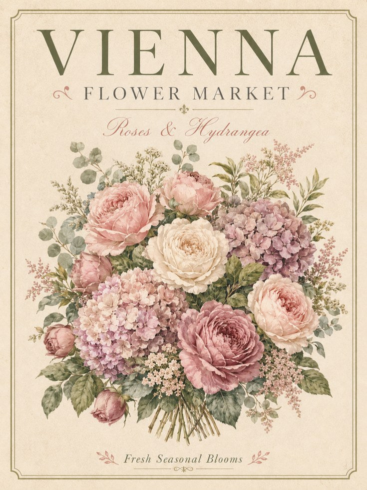 Vienna Flower Market Print — Vintage Botanical Rose & Hydrangea - artwork on paper