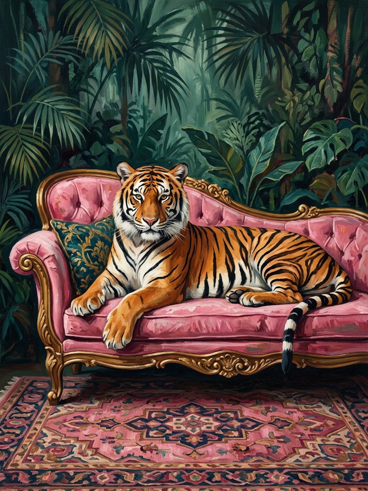 Tiger on Pink Sofa Print — Jungle Victorian Maximalist Art - artwork on paper