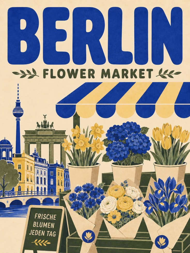 Vintage Berlin Travel Poster: Flower Market Scene (Mid-Century Style) - artwork on paper