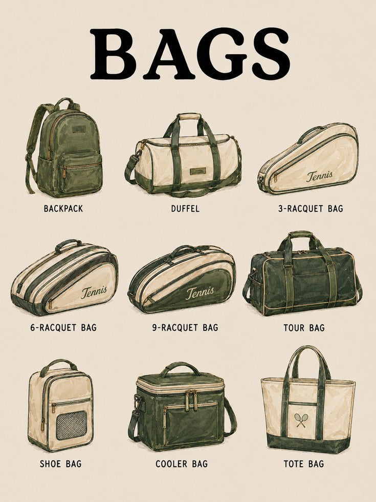 Vintage Tennis Bags Chart: Retro Sports Equipment Illustration - artwork on paper