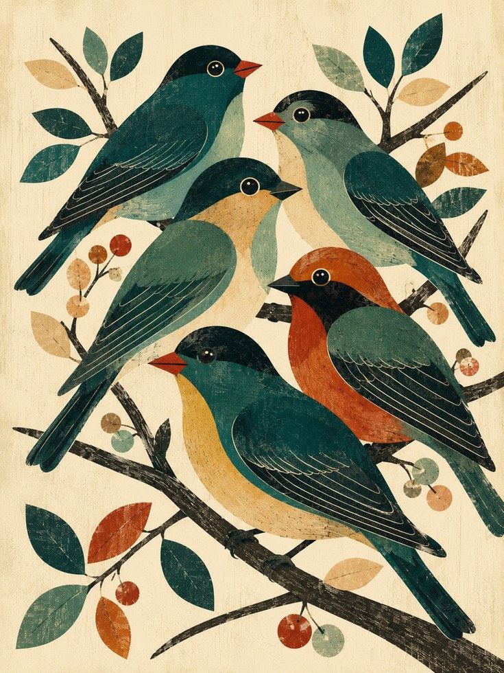 Folk Art Birds on Branches: Vintage Teal and Orange Wall Art - artwork on paper