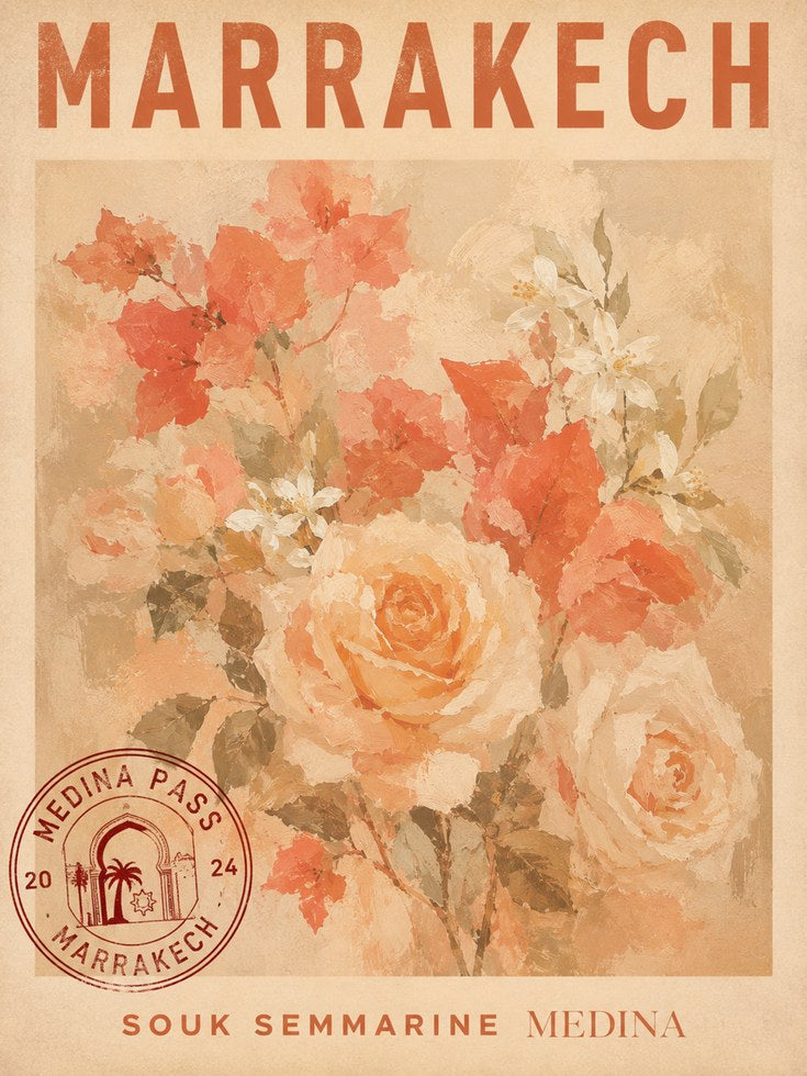 Marrakech Travel Poster – Vintage Floral Wall Art - artwork on paper
