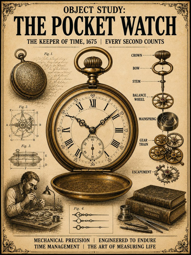 Vintage Pocket Watch Diagram Print: Victorian Technical Illustration - artwork on paper