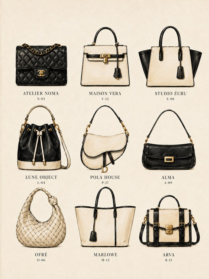 Designer Handbag Collection Print: Fashion Illustration Art - artwork on paper