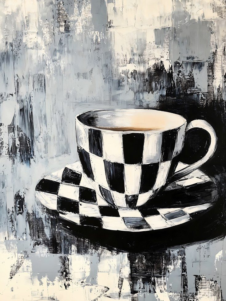 Abstract Checkered Teacup Print: Black White Kitchen Poster (Unframed) - artwork on paper