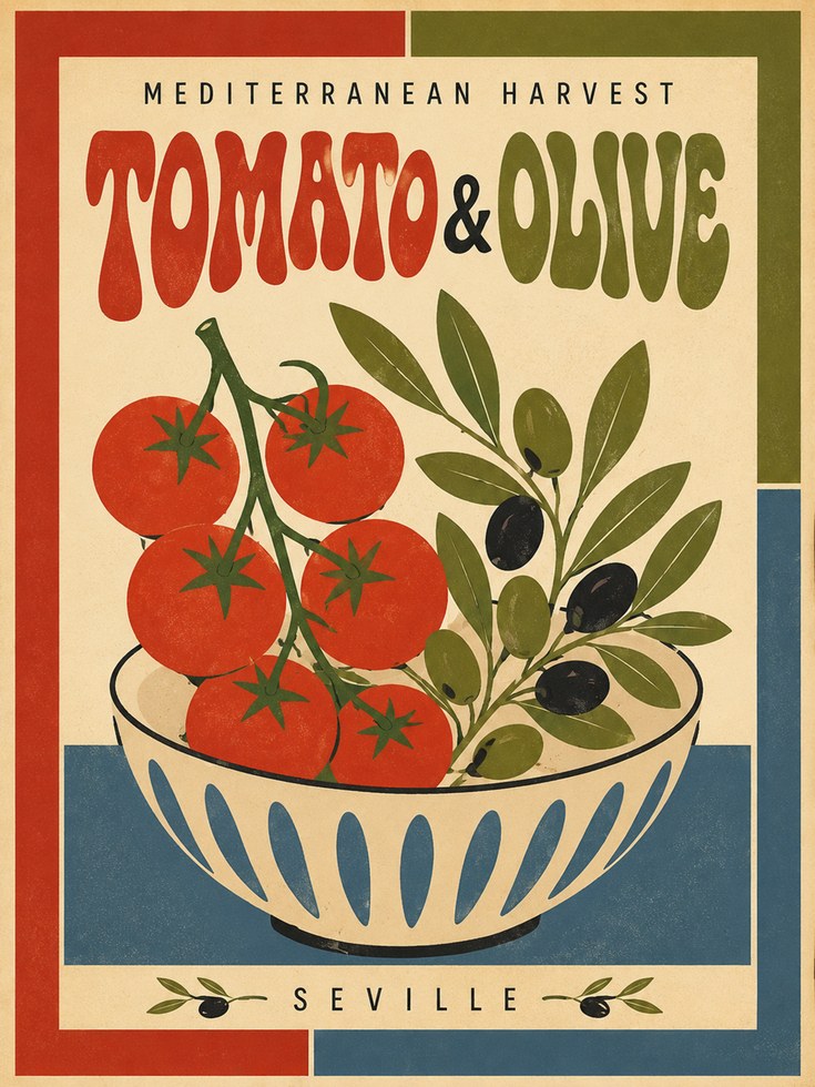 Vintage Food Poster: Mediterranean Tomato & Olive - artwork on paper