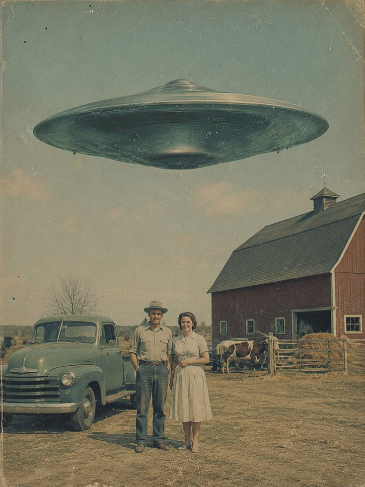 Retro UFO Farm Print — Vintage Sci-Fi Americana - artwork on paper