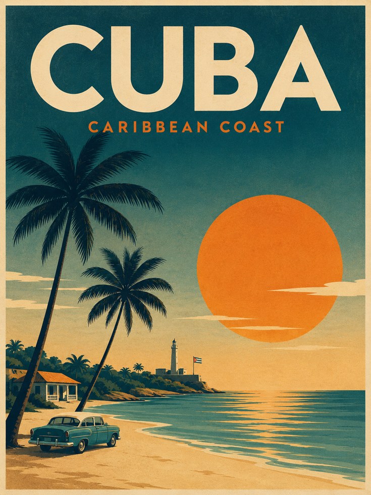 Cuba Travel Poster – Vintage Caribbean Wall Art - artwork on paper