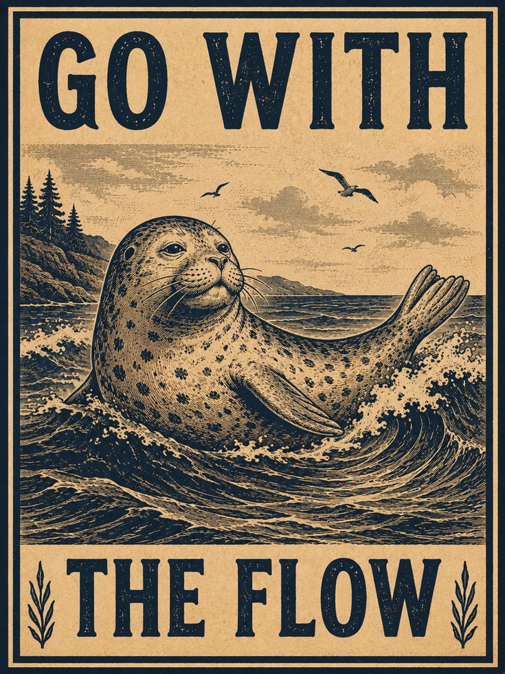 Vintage Seal Art Print: Go With The Flow - artwork on paper