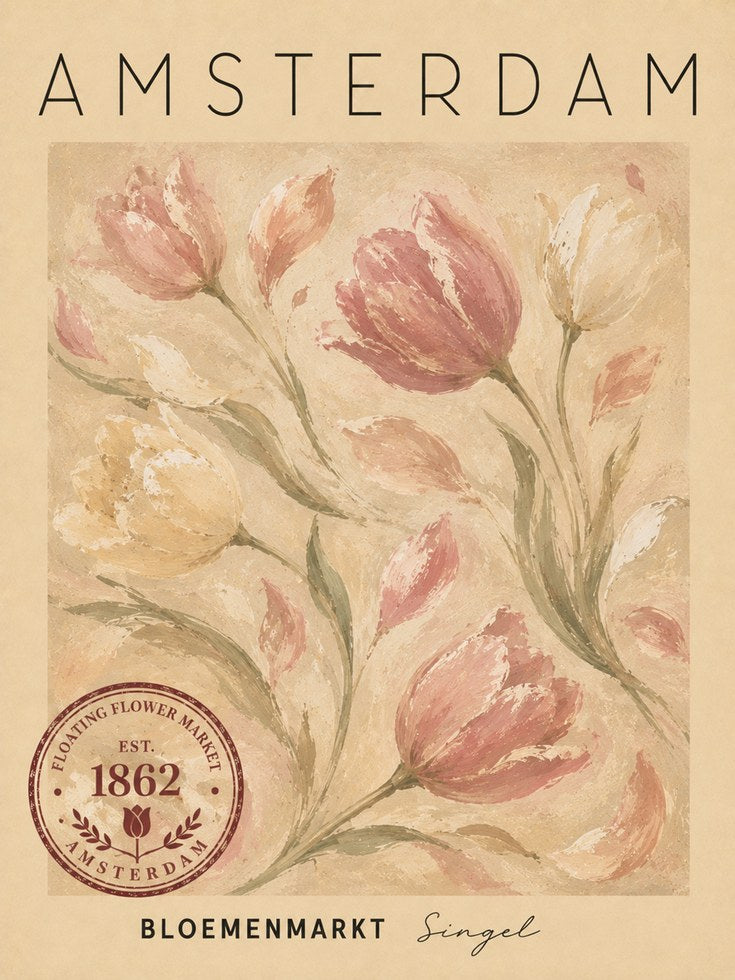 Amsterdam Travel Poster – Vintage Tulip Print - artwork on paper