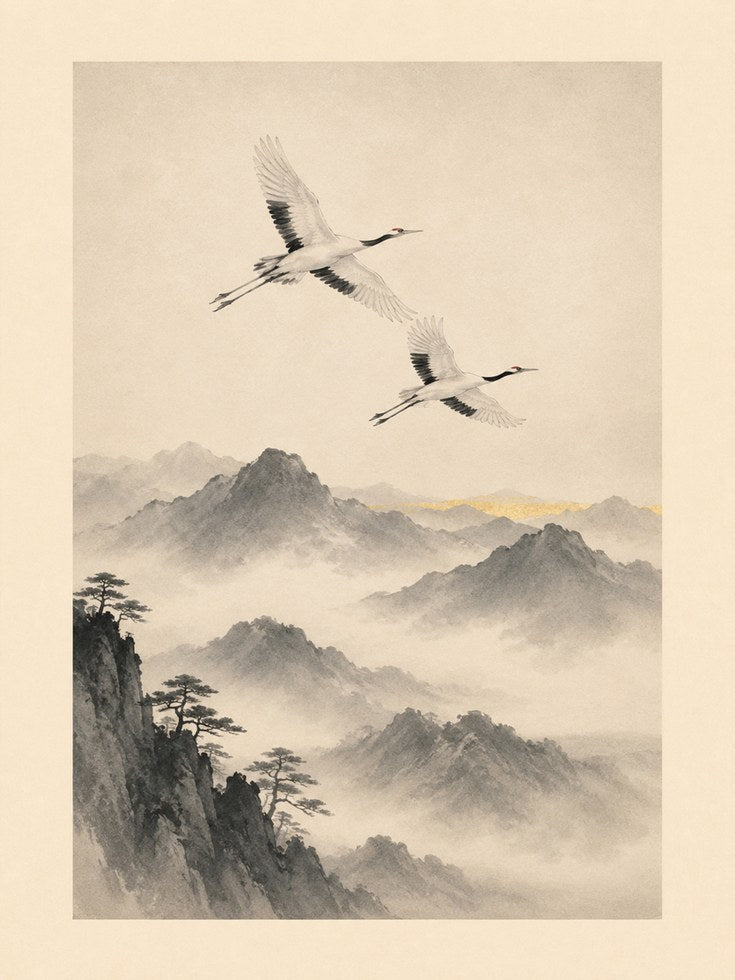 Japanese Crane Wall Art – Asian Landscape Print - artwork on paper