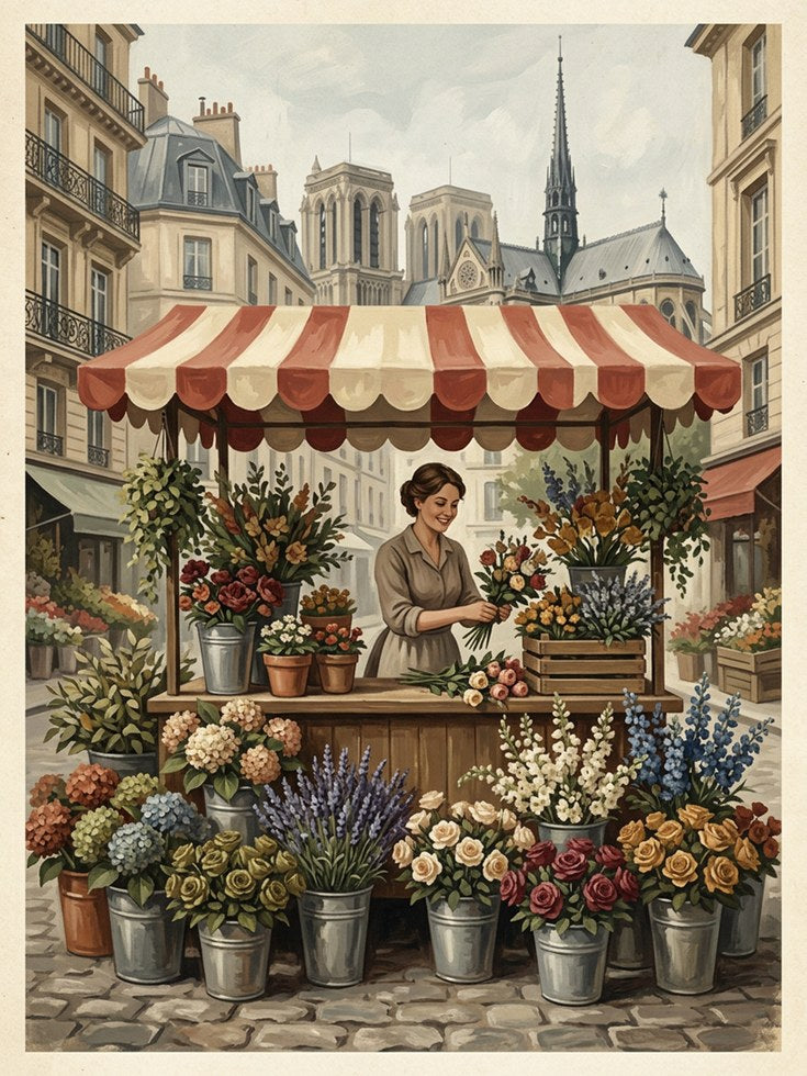 Parisian Flower Market Poster: Vintage French Street Scene Art - artwork on paper