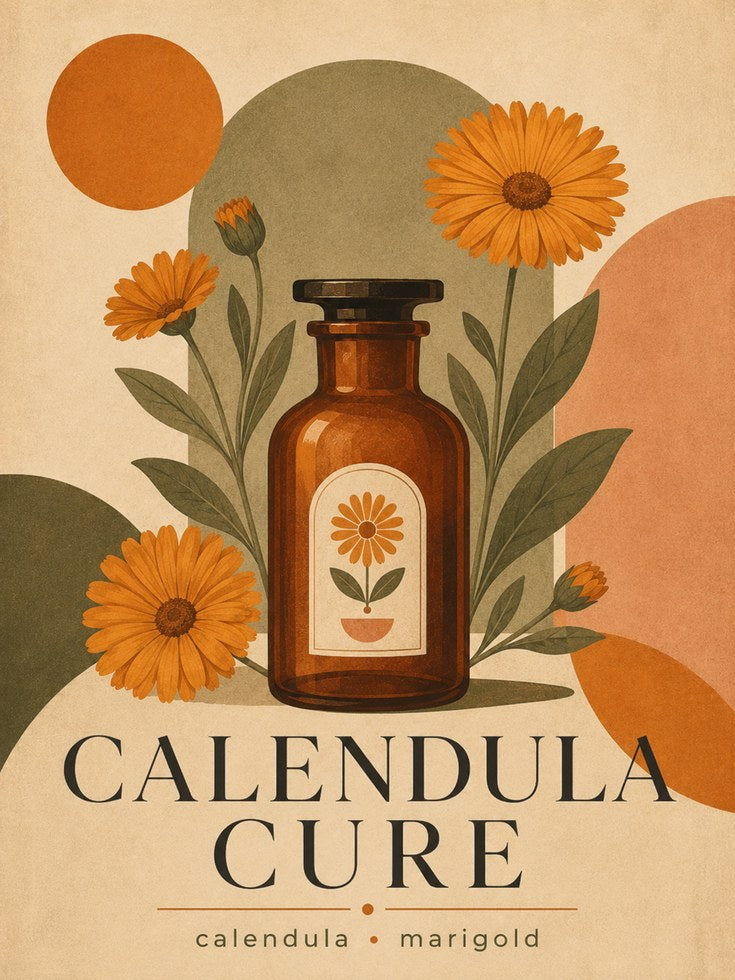 Calendula Apothecary Bottle Art Print: Vintage Botanical Poster - artwork on paper